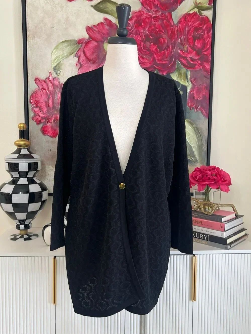 Calvin Klein Women's One-Button Geometric Print Cardigan Sweater Black Size XL